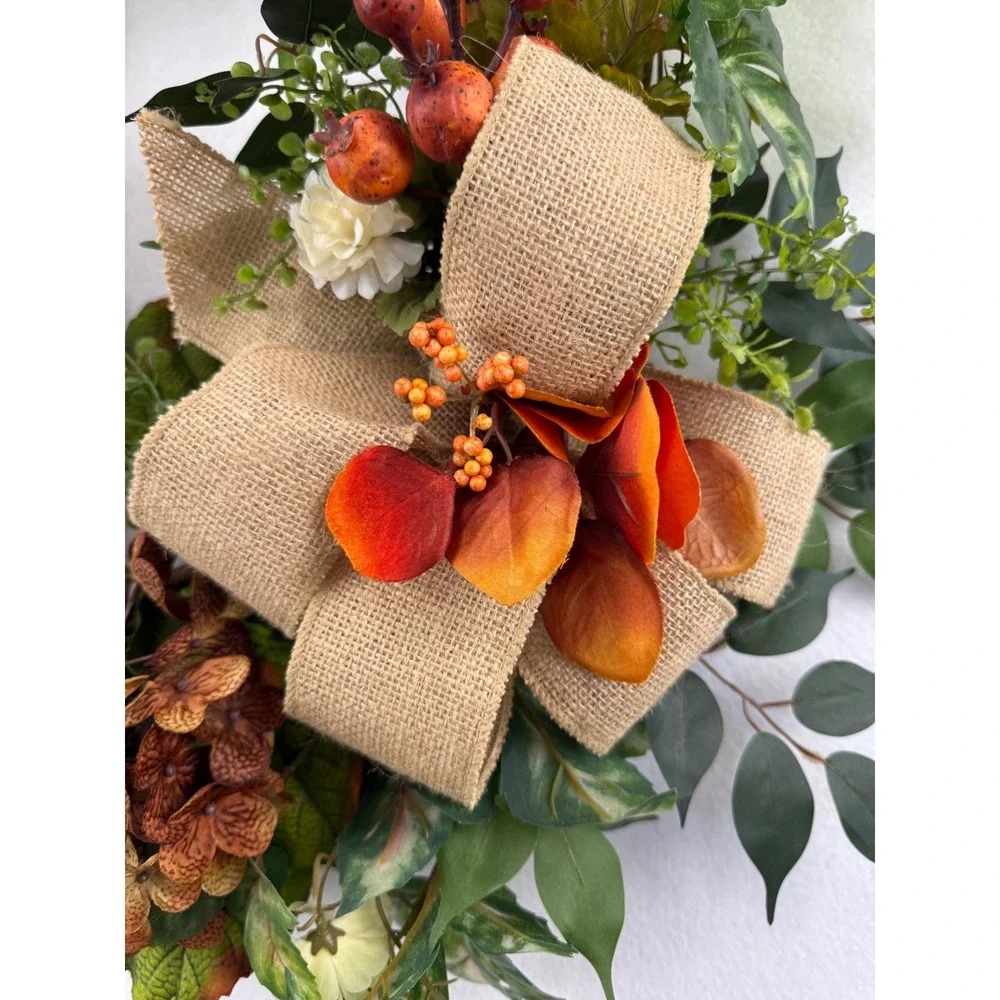 Handmade Fall Grapevine Wreath Orange Hydrangea Burlap Bow Autumn Decor
